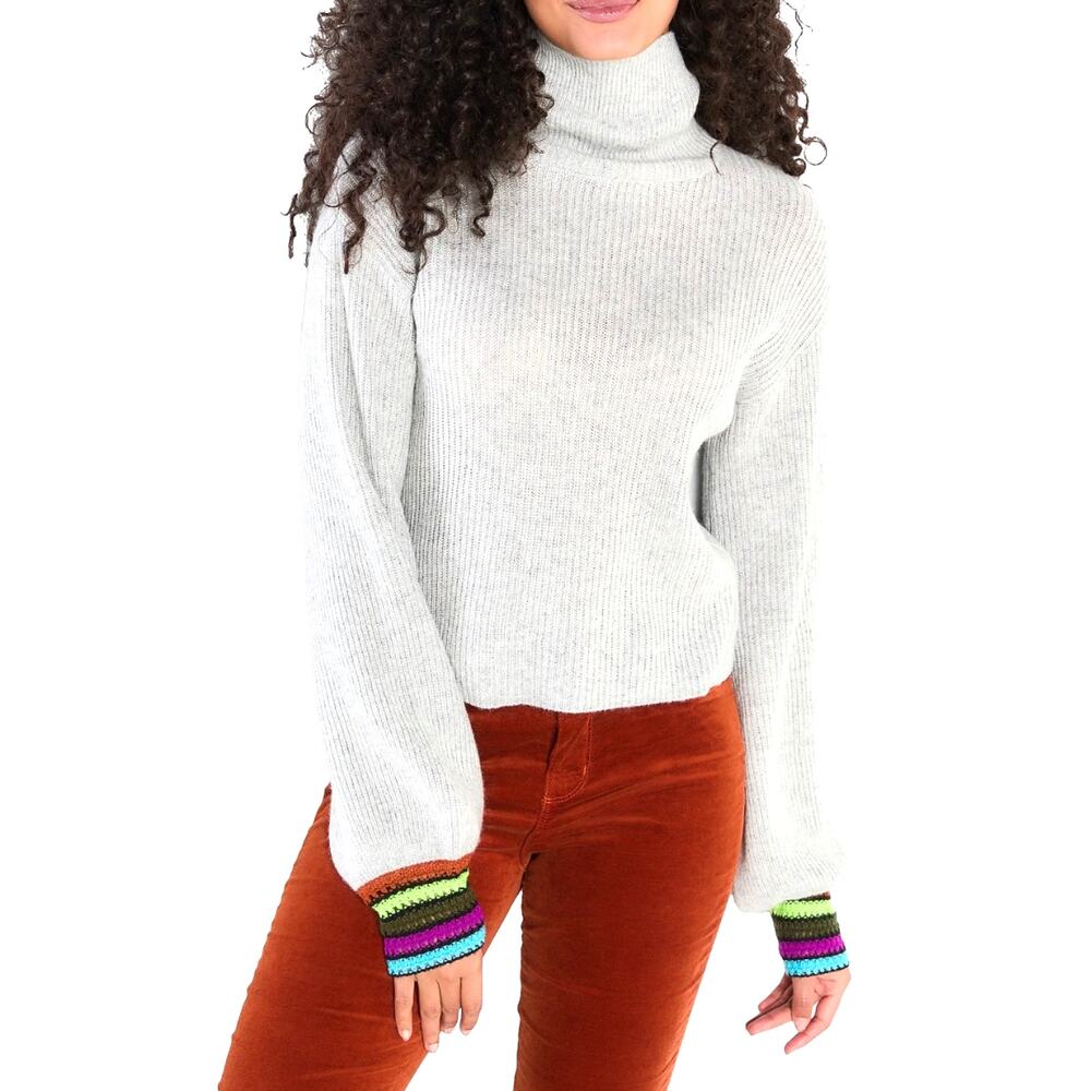 Lisa Todd Womens L Gray Cashmere Wool Pullover Sweater Boho Stripe Cuff Luxe
